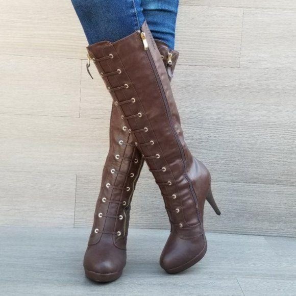 Brown Quilt Knee High Platform Boots - Picture 8 of 11